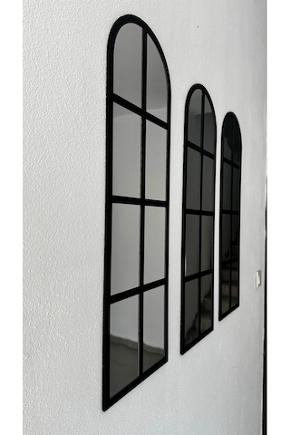 Pleksi Aynalı Siyah Mdf 3lü Duvar Penceresi 80x25 Cm Siyah
