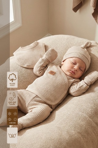 Minory Baby - %100 Pamuk 5'li Hastane Çıkışı Seti Yenidoğan 5'li Set Waffle Kumaş Battaniyesiz Kahverengi Kahverengi