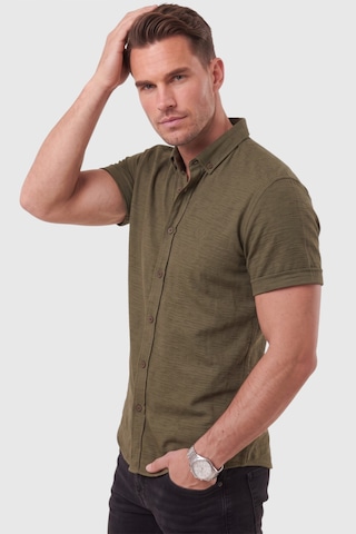 Rizzup Erkek Slim Fit Likralı Jakar Dokulu Haki Kısa Kol Gömlek Esnek Nakış Armalı 2604356