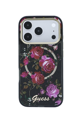 Apple iPhone 18 Pro Uyumlu Kılıf Guess Lisanslı M-safeli Gül Desenli Simli Yazı Logolu Kapak Siyah