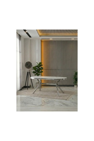 Zae Mdf Yemek Masası 90x170 Cm Beyaz Mermer/nikel Beyaz Mermer/nikel