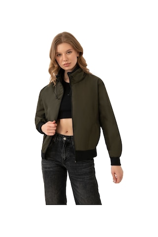 Firststops Kadın Haki Dik Yaka Su Ve Rüzgar Geçirmez Oversize Crop Mevsimlik Yağmurluk Rüzgarlık Haki