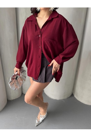 Paw Garage Kadın Flory Ayrobin Oversize Tek Cep Gömlek Bordo