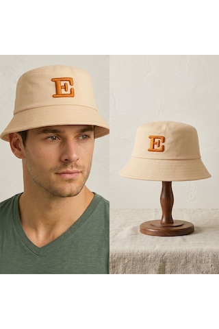 Bk Gift Kişiye Özel Harf Nakışlı Unisex Bucket Şapka Krem Pamuk Gabardin Kumaş Yazlık Şapka
