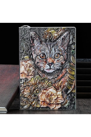Hediyelik Deri Defter 3d Kedi Kabartmalı Defter