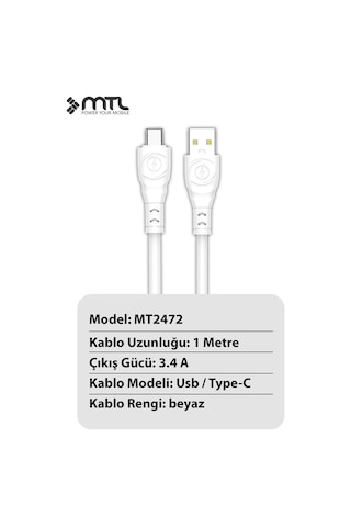 3.4a Usb To Type-c Ultra Hızlı Extra Yumuşak Dayanıklı Şarj Ve Data Kablosu Mt2472