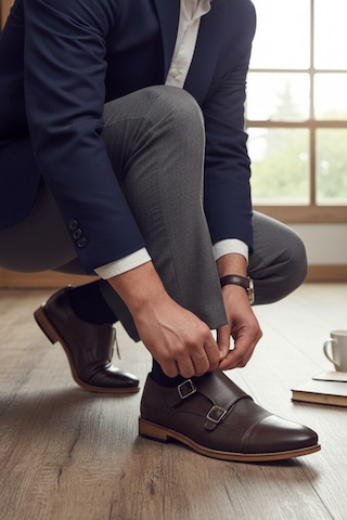 Enoch Erkek Siyah Hakiki Deri Klasik Ayakkabı Çift Tokalı Monk Strap Tasarımlı Ve Mikro Dokulu Panelli Model Kahverengi