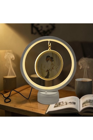 Led Işıklı Yuvarlak Fotoğraf Çerçevesi Kişiye Özel Fotoğraf Baskılı Resimli Gece Lambası Beyaz
