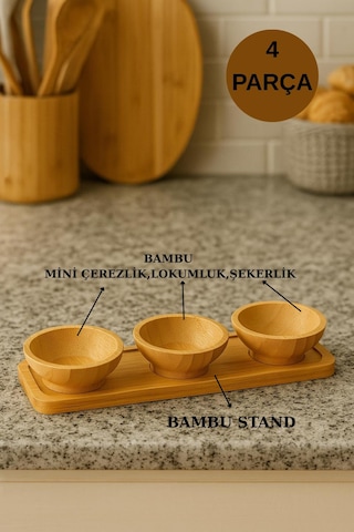 3 Lü Bambu Standlı Mini Lüx Sunum Çerezlik Servis Kasesi Lokumluk Şekerlik Bambu