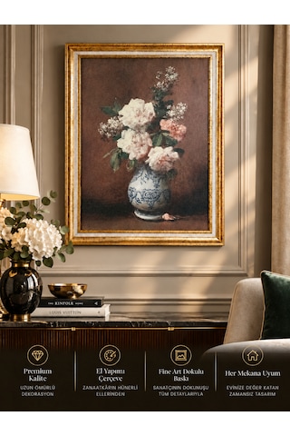Vintage Gold Çerçeveli Çiçek Tablo 60x80 Cm Dokulu Sanat Baskısı, Klasik Lüks Salon Ve Duvar Dekoru