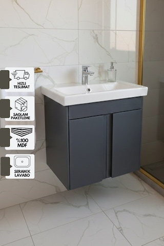 Magma 50 Cm, Lavabolu Alt Banyo Dolabı, Kapaklı Banyo Alt Dolabı, Seramik Lavabo Dahil Antrasit Mdf Antrasit