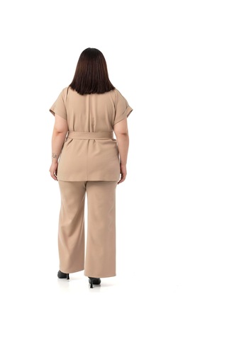 Büyük Beden Kruvaze Kemerli Yarım Kollu Vizon Ceket Pantolon İkili Takım Vizon