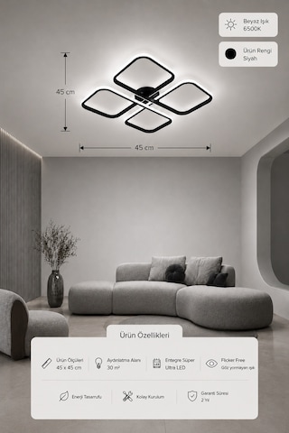 Nuvo Led Plafonyer Avize Beyaz Işık Siyah