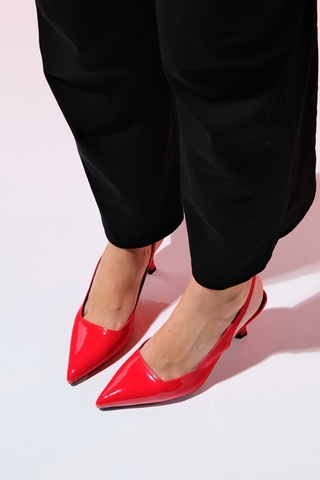 Luvishoes Flem Kırmızı Rugan Kadın Sivri Burun Arkası Açık İnce Topuklu Ayakkabı Kırmızı Rugan