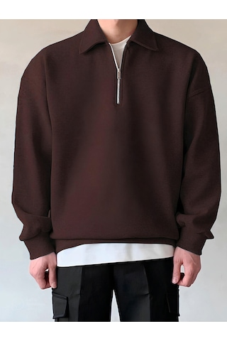 Genıus Store Erkek Polo Yaka Oversize Sweatshirt Yarım Fermuar Sweatshirt Oversıze-sweatshırt Kahverengi