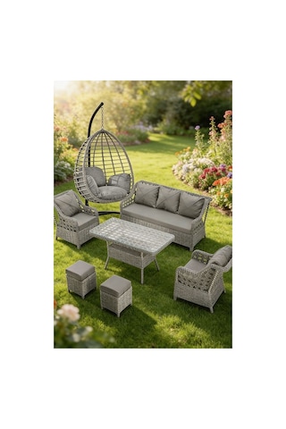 Dora Garden Home Ecem 7 Kişilik Rattan Bahçe Mobilyasi-tek Kişilik Salıncak Seti - Açık Gri Siyah Çizgili