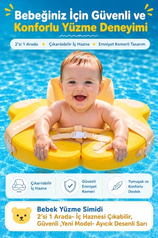 Bebek Yüzme Simidi 2'si 1 Arada- İç Haznesi Çıkabilir, Güvenli ,yeni Model- Ayıcık Desenli Sarı Ld00