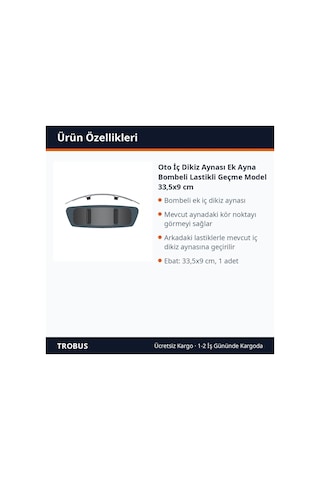 Trobus Oto İç Dikiz Aynası Ek Ayna Bombeli Lastikli Geçme Model 33,5x9 Cm