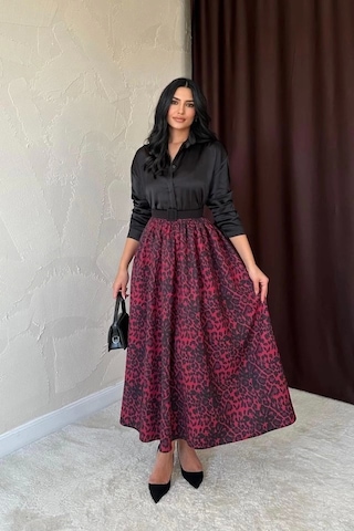 Bordo Leopar Büzgülü Uzun Etek Bordo