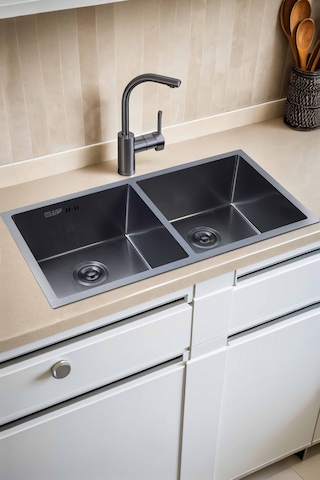 Han Serisi %100 Krom 82x45 İki Göz Paslanmaz Mutfak Eviyesi, Mutfak Lavabosu Sifon Dahil Siyah