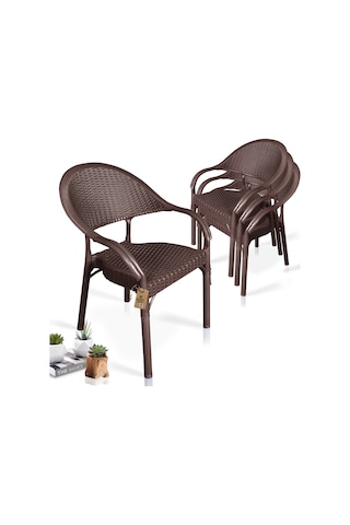 Bahex Bambu 4lü Set Rattan Kollu Bahçe Sandalye Koltuk 4ad Kahve Kahverengi