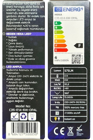 2 Adet Heka 6w 51w 3000k Günışığı E14 Duylu İnce Duy Soft Mum Ampul