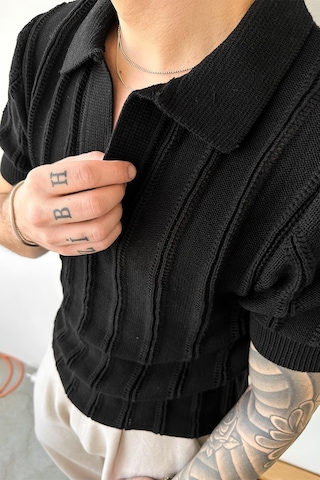 Siyah Striped Knitwear Relaxed Triko Polo Yaka Tişört Siyah