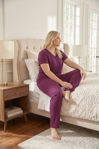 Eyfuze Kadın Büyük Beden Yakası Düğmeli Kısa Kollu Bambu Pijama Takımı Mürdüm-1