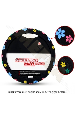 Universal Direksiyon Kılıfı Siyah Üzeri Kabartma Desenli 38cm Direksiyonlar İçin Kabartmalı Çiçek Desenli