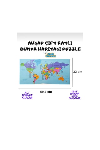 Ahşap Çift Katlı Dünya Haritası Puzzle 50 Parça Eğitici Ve Öğretici Coğrafya Oyunu