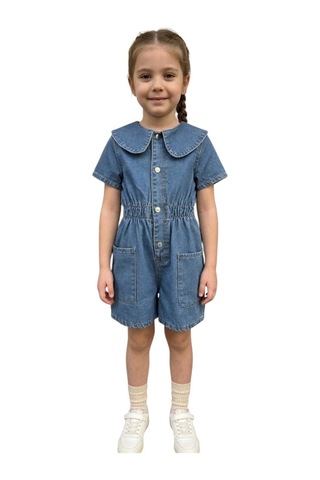 Erdem Kıds Kız Çocuk Denim Kot Yazlık Kısa Kol Bebe Yaka Çıtçıtlı Günlük Bayramlık Tulum Mavi Mavi