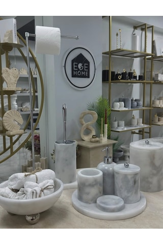 Dekorafit Beyaz Mermer 9 Parça Banyo Seti Wc Havluluk-kase Gümüş Top
