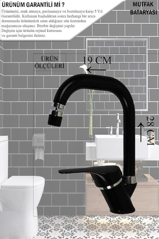 Tesitay Mat Siyah Mutfak Bataryası Kare Borulu Eviye Musluğu Armatür