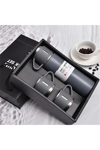 Kişiselleştirilebilir 3 Bardaklı Çelik Termos 05 Lt Gri Gri