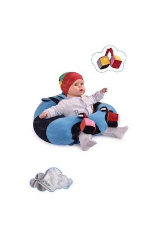 Oyuncaklı Bebek Oturma Destek Minderi - Devrilmez Bebek Koltuğu - Büyük Bebek Oturağı Mavi Siyah