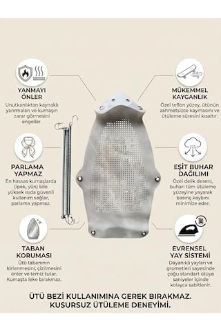 Yanmaz Yapışmaz Teflon Ütü Altlığı, Parlama Önleyici, Hassas Kumaş Koruyucu Ütü Çarığı, Yaylı Montaj, Buhar Delikli Ütü Tabanlığı
