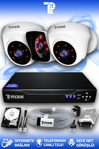 Picam 3 Kameralı Kare 2 İç Kamera Set 250 GB HDD Full HD Gece Görüşlü Güvenlik Kamerası Sistemi