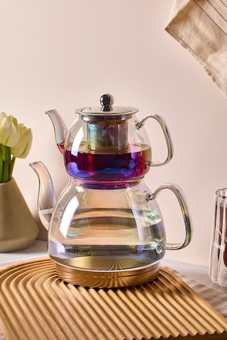 Carlo Luster Indüksiyon Tabanlı Borosilikat Cam Çaydanlık Takımı 500 Ml Demlik 1500 Ml Suluk Luster Çok Renkli