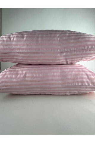 Çizgili Saten Pudra 2 Adet 50x70 Yastık Kılıfı Pudra