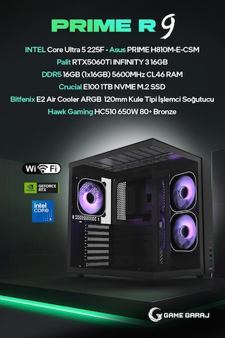 Game Garaj PRIME-R9 Ultra 5 225F 16 GB RTX5060Ti 16 GB 1 TB SSD Free Dos Oem Paket Masaüstü Oyuncu Bilgisayarı