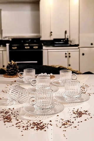 Çeyizci Çarşı 12 Parça Cam Kahve Fincan Seti Origami Çizgili Desen Nescafe Fincanı Cam Tabaklı Çay Takımı 125cc Şeffaf