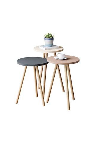 İntergo Renkli Üçlü Zigon Sehpa Ahşap Ayaklı Yuvarlak Pastel Tasarım Cappuccino-Gri-Krem