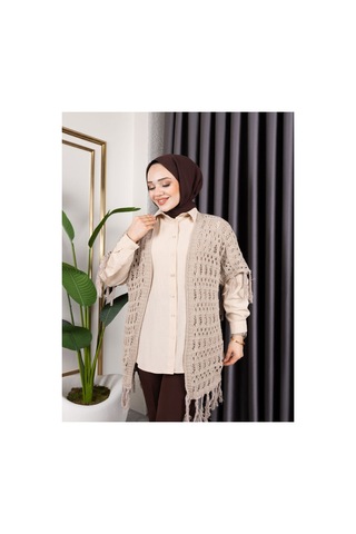 Hira Life Fashion Kadın Mevsimlik Saçaklı Ve Ajurlu Pamuk Triko Hırka Bej Bej