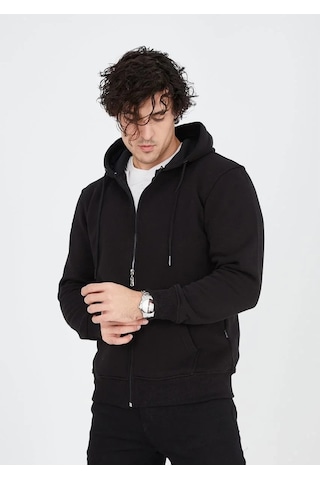 Luz&pos Erkek Tam Fermuarlı Kapşonlu Sweatshirt - Siyah Siyah