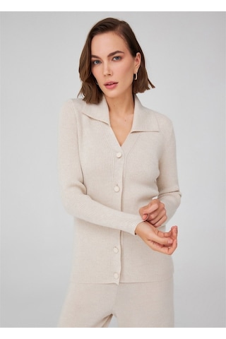 Peraluna Polo V Yaka Ribana Örgü Fit Kesim Kadın Triko Bluz Ekru