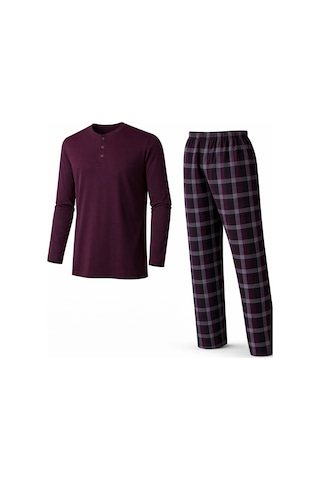 Mutlu City Erkek Mevsimlik Uzun Kollu 3 Düğmeli Ekose Alt Pijama Takımı 16652 Vişne
