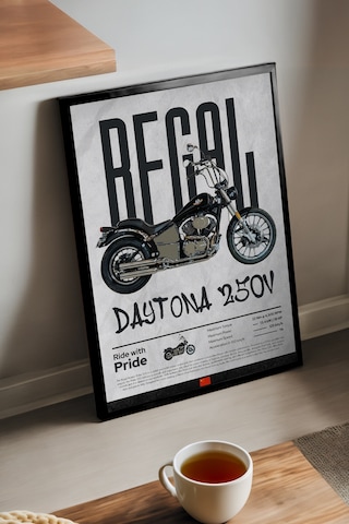 Regal Daytona 250v Siyah Ahşap Çerçeveli Poster, Dekoratif Motosiklet Duvar Tablosu Çok Renkli