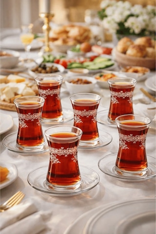 Florale Model Desenli Şeffaf Cam Çay Seti 12 Parça Çay Takımı Şeffaf