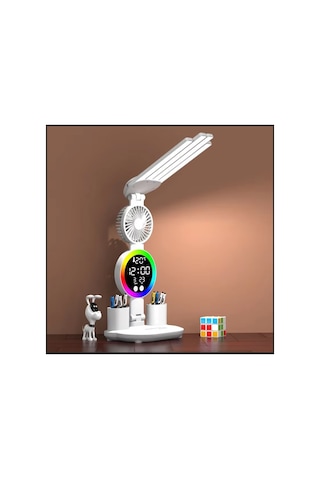 Çok Fonksiyoklu Masa Lambası Rgb Led Işıklı Saat Takvim Derece Vantilatör Kalemlik