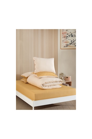 Çift Kişilik Pamuklu Çizgili Nevresim Takımı Düğmeli Model 200 X 220 Cm Hardal